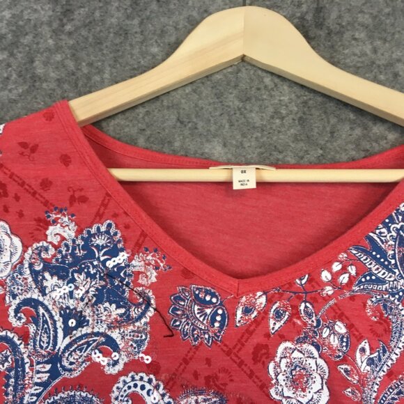 Style Co Top 0X Short Sleeve Knit V Neck Floral Bandana Print Red Paisley Blue - Picture 6 of 13